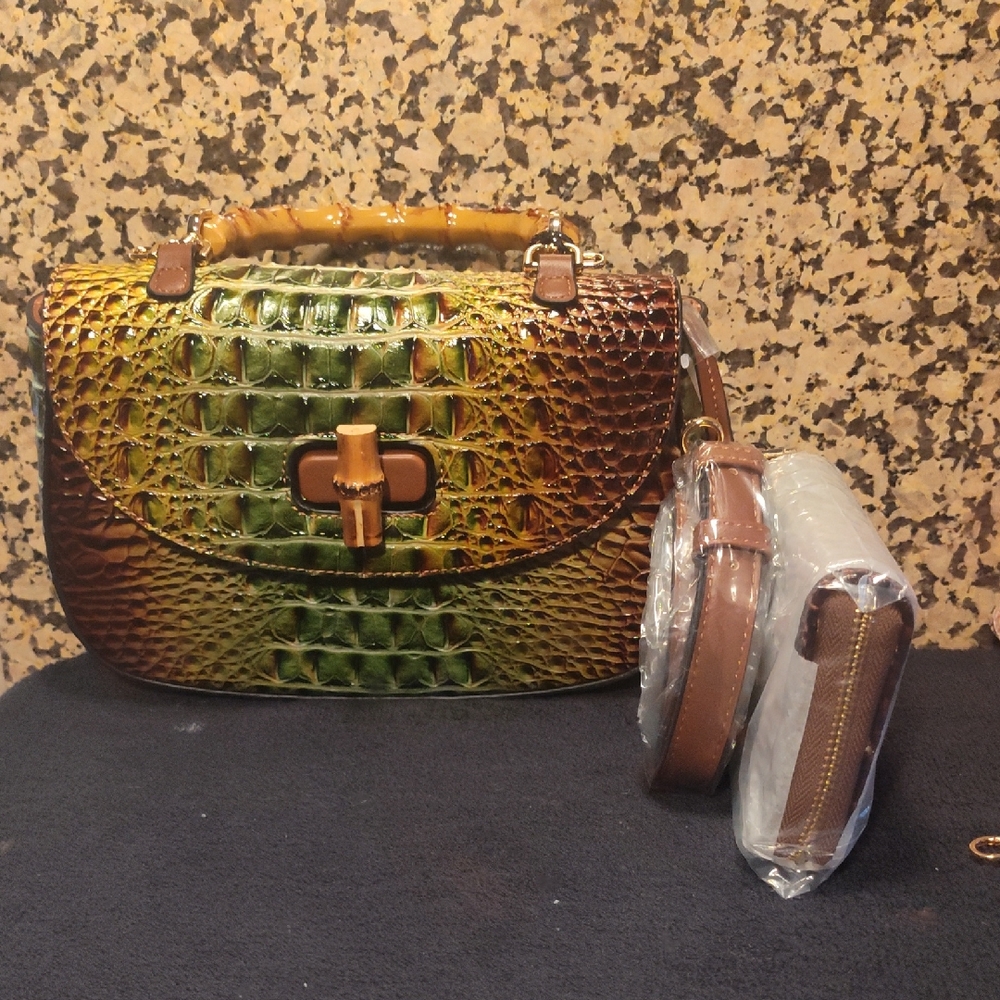 Elegant Croc-Embossed Satchel in Brown and Green